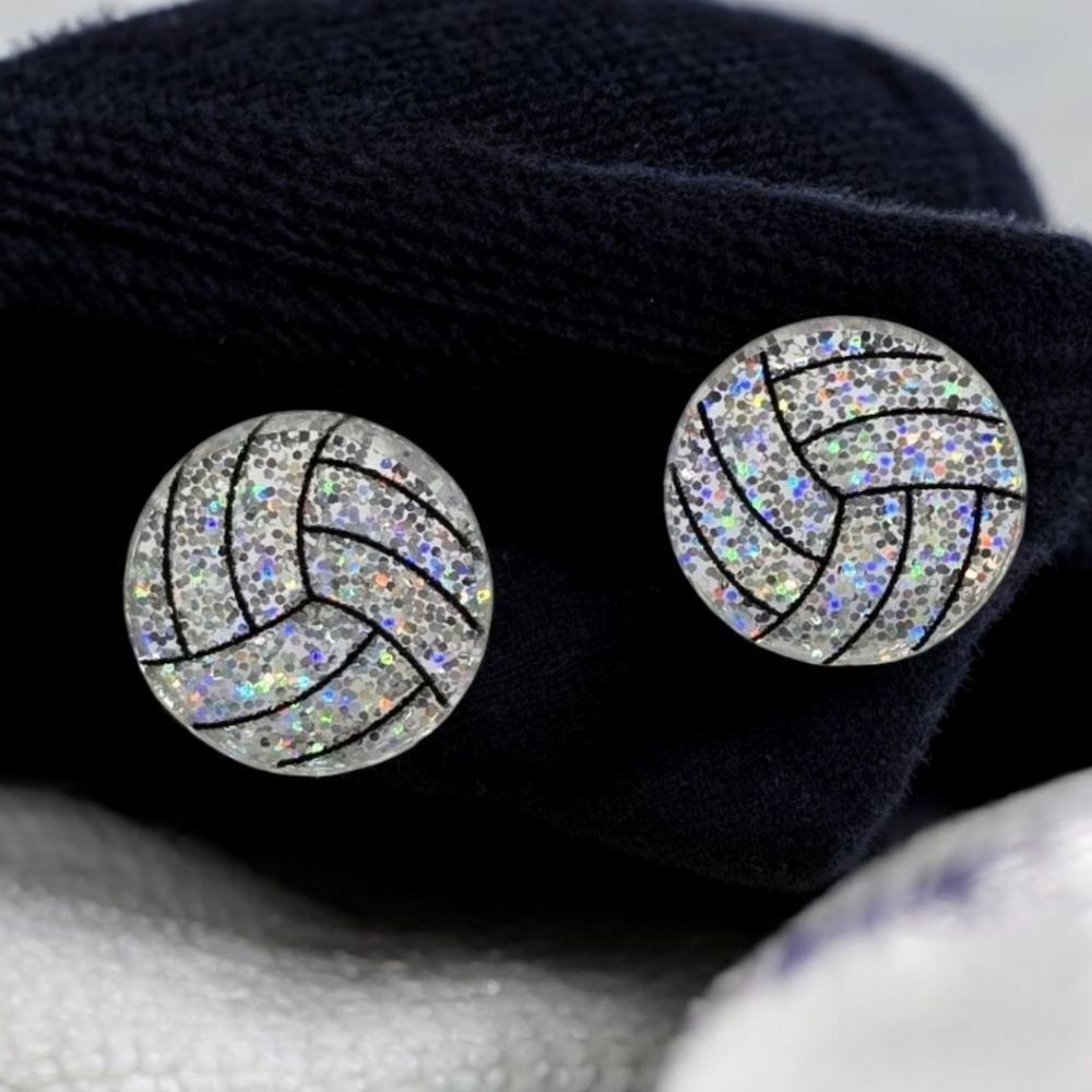 Volleyball 🏐 Earrings Silver Glitter Acrylic Pierced Post Sport Mom Fan Jewelry